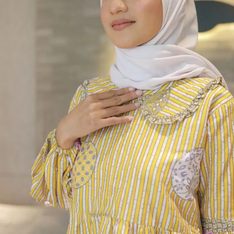 Batik Wanita Modern Mofit Lurik Salur Lengan Balon Batik Kerja