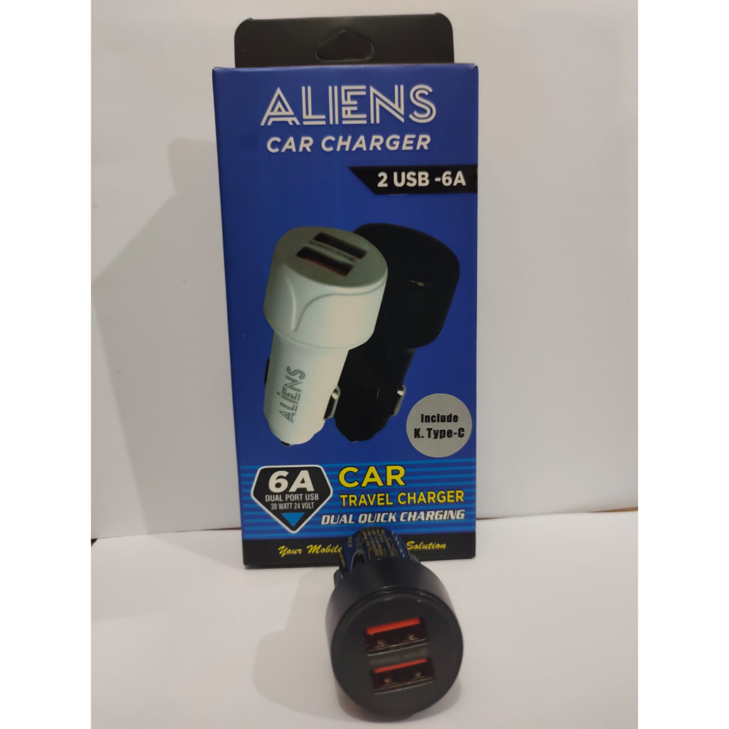 CAR CHARGER MOBIL ALIENS 2 USB WITH USB TYPE C 6A DUAL PORT USB 30 WATT 24 VOLT TRAVEL CHARGER DUAL QUICK CHARGING