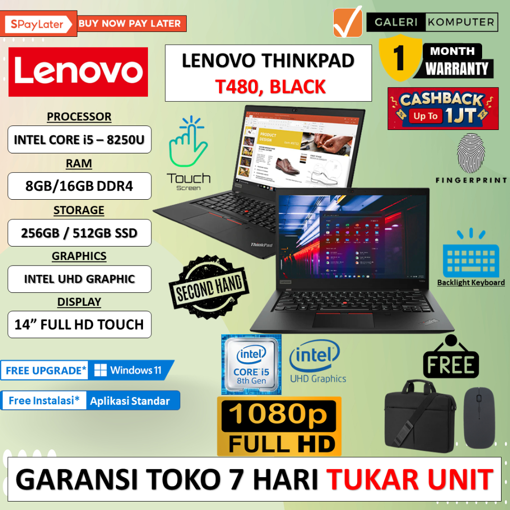 Laptop Kantor Lenovo Thinkpad T480 Intel i5 8350U 16GB 512GB SSD FHD IPS Touch Windows 10 Pro
