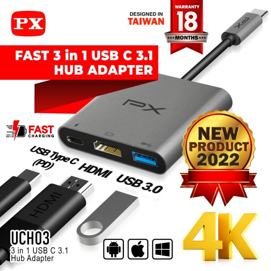 PX UCH03 Converter Hub Adapter 3 in 1 4K USB Type C 3.1 USB HDMI