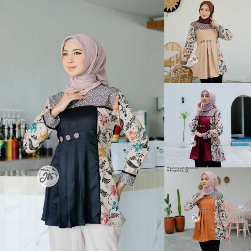 Atasan Baju Wanita Modern, Blouse Batik Kombinasi Moscrepe Size M L XL XXL Big Size Jumbo XXXL LD 11