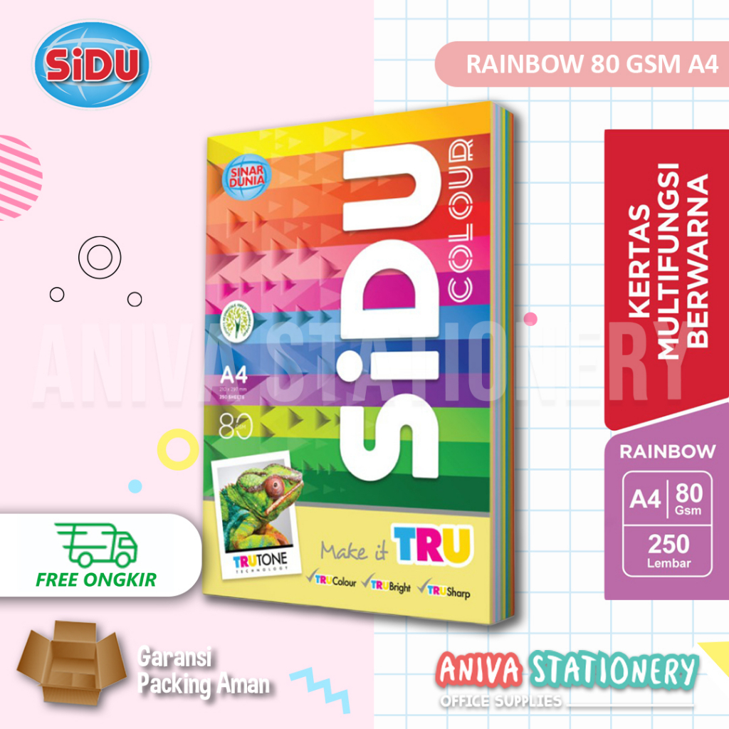 

SIDU KERTAS HVS A4 80GR RAINBOW COLOUR KERTAS PRINT FOTOCOPY WARNA WARNI 80 GSM 250 LEMBAR 10 WARNA