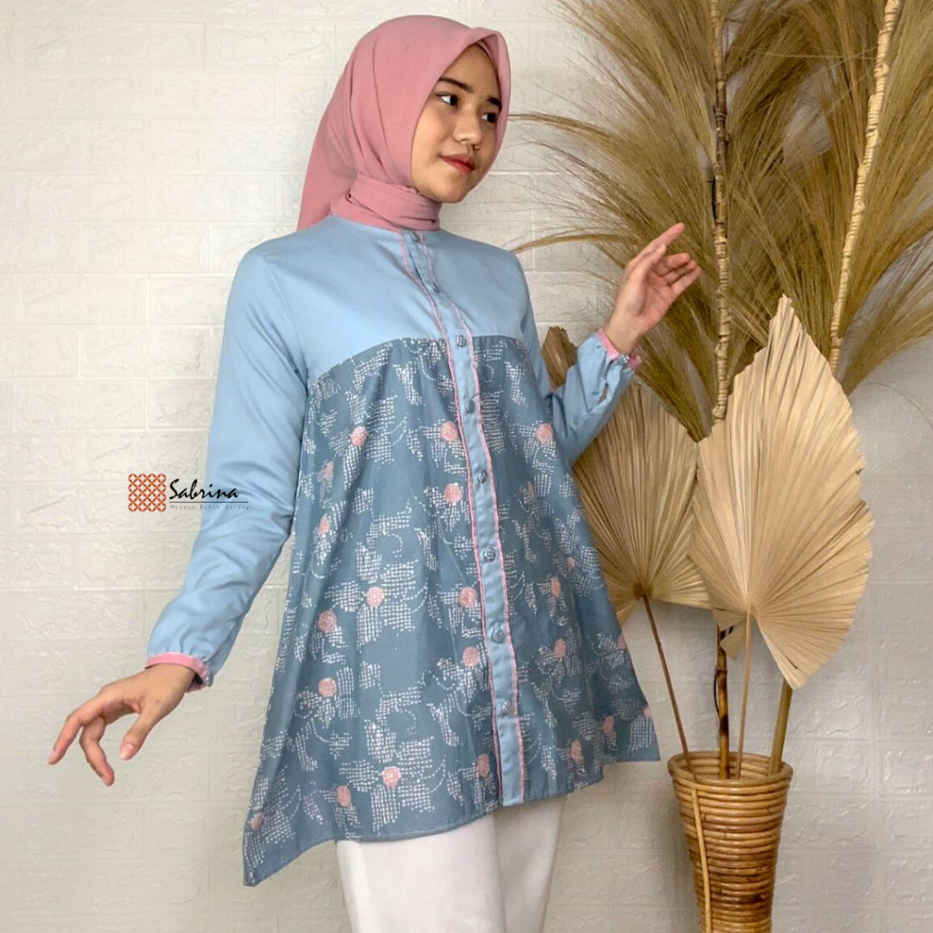 KRESA Blouse Atasan Batik Kerja Kantor Wanita Cantik Modis Modern Kekinian Bluegrey Pastel Cap Katun