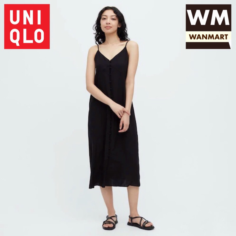 UNIQLO Women Button Down Dress Gaun Kamisol Wanita Flare Kancing Black
