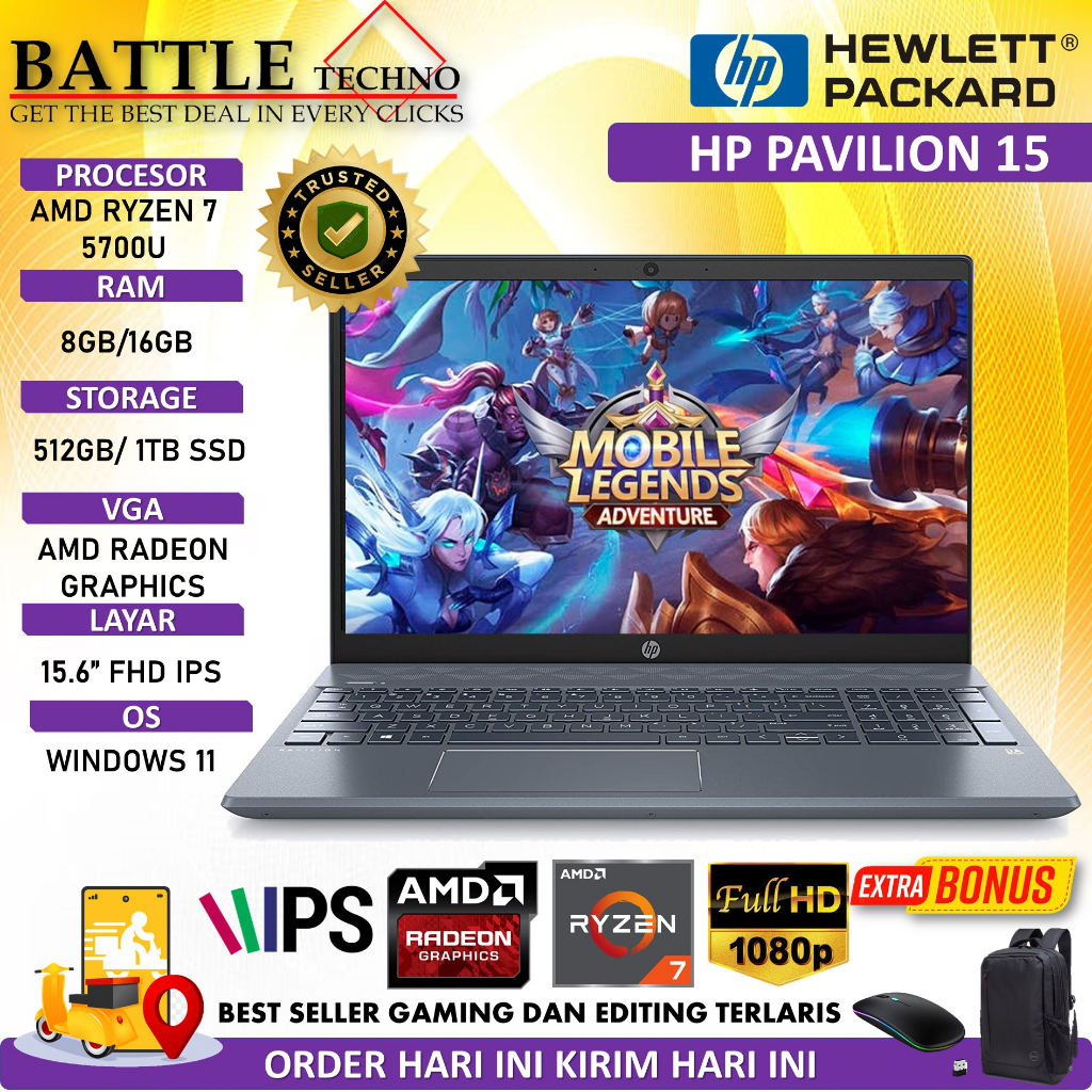 LAPTOP HP PAVILION GAMING 15 AMD RYZEN 7 5700U 16GB 1TB SSD RADEON 8 15.6&quot; FHD IPS WIN11HOME BLUE