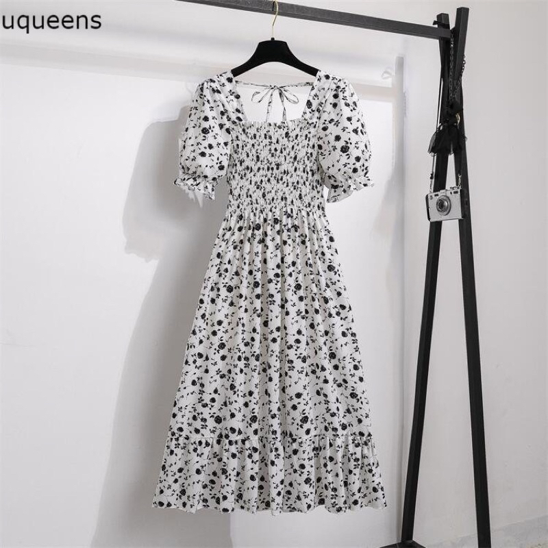 RD FASHION - SMOCKED DRESS / Gaun musim panas kasual baru Lengan pendek smocked dress lipit bunga dengan dasi belakang / gaun kasual A-line gaun smocked berlipat bunga lengan pendek-ROSE PUTIH