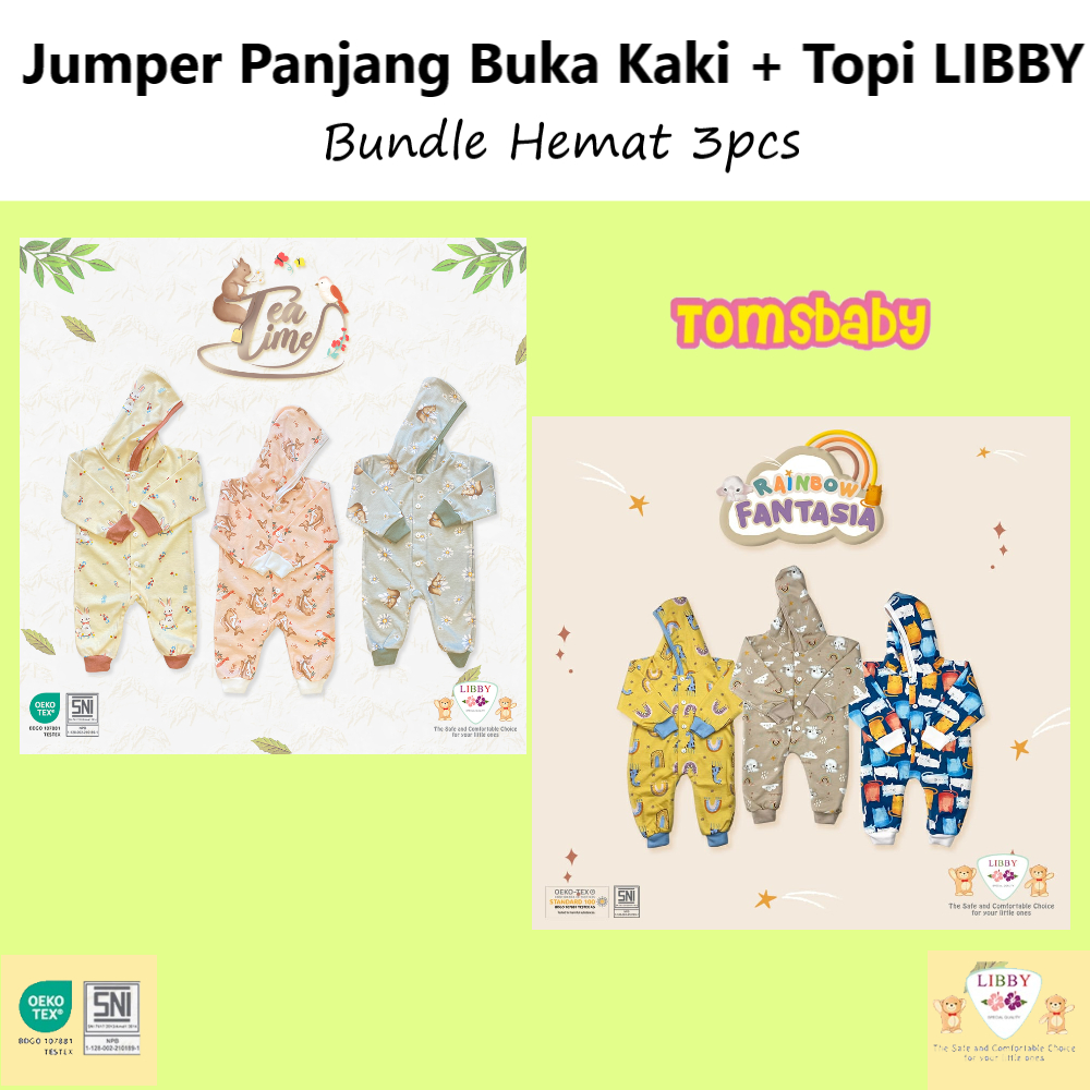 [TOMS] [BUNDLE HEMAT 3pc] LIBBY (3pcs) Jumper Baju Kodok Panjang Buka Kaki + Topi MOTIF Terbaru Grosir PRINT