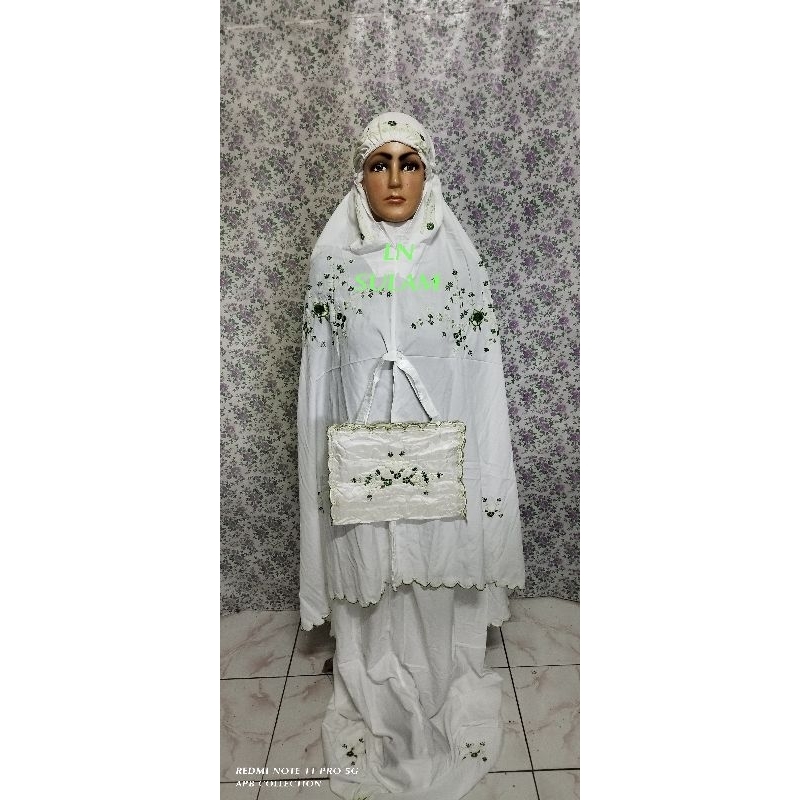 Mukena Tas Sejadah Perlengkapan Solat Wanita Dewasa Bordir Manual Kombinasi Warna Bunga Bahan Katun Silk Premium