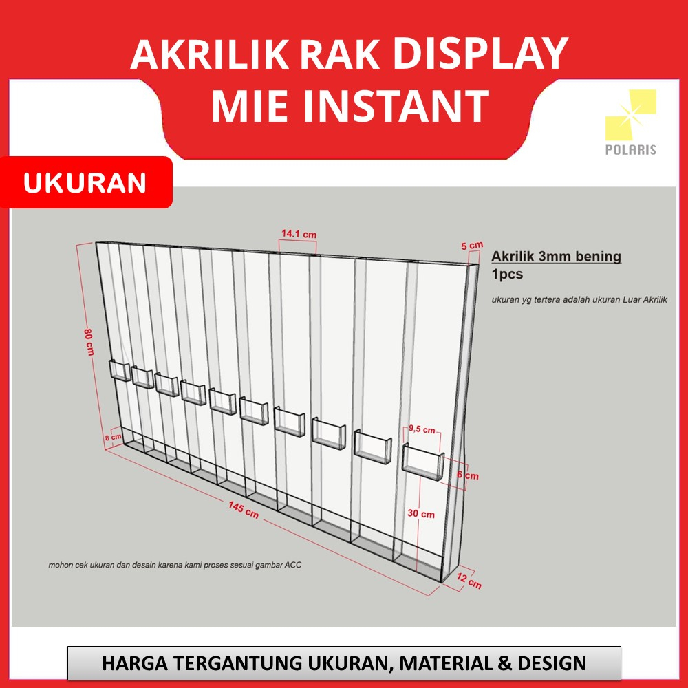 RAK ACRYLIC WARMINDO DISPLAY MIE INSTANT RAK INDOMIE - AKRILIK TEMPAT MI 10 SLOT UKURAN 145x12x80 CM