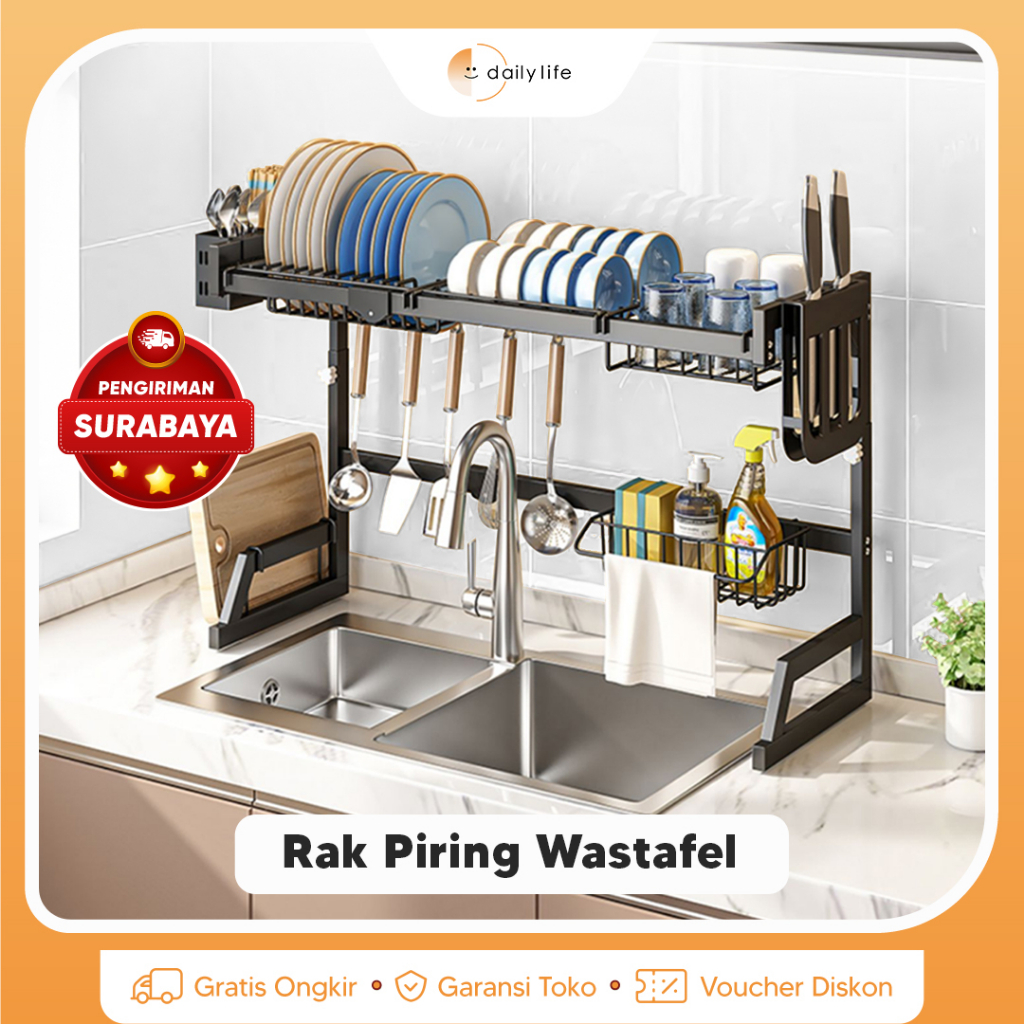 Rak Piring Wastafel Stainless Steel Hitam Peralatan Dapur Kokoh Kuat - ADJUSTABLE DISH RACK - Dailylife.id