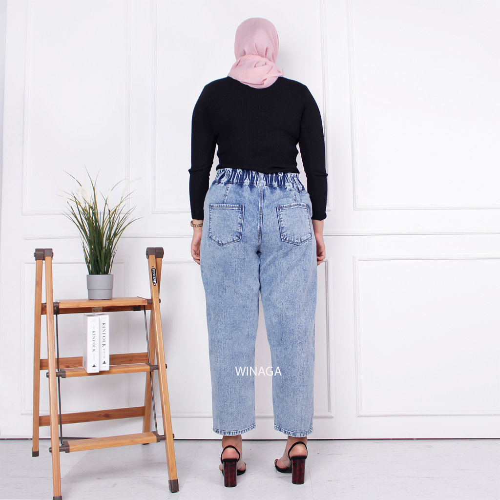 WINAGA- HighWaist Boyfriend Jeans Jumbo Pinggang Karet Kancing 2