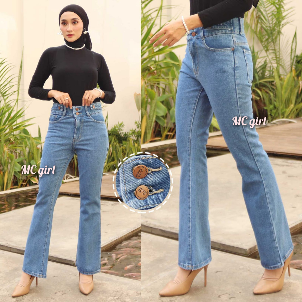 ( Size 27 - 30 ) MC girl - Celana Jeans Cutbray Highwaist Kancing 2 Warna Biru Muda Wanita / High Waist Cutblay Kancing 2 / Celana Denim Pinggang Tinggi Kaki Lebar Colour Light Blue Cewek / Kaki Besar / Kaki Gede