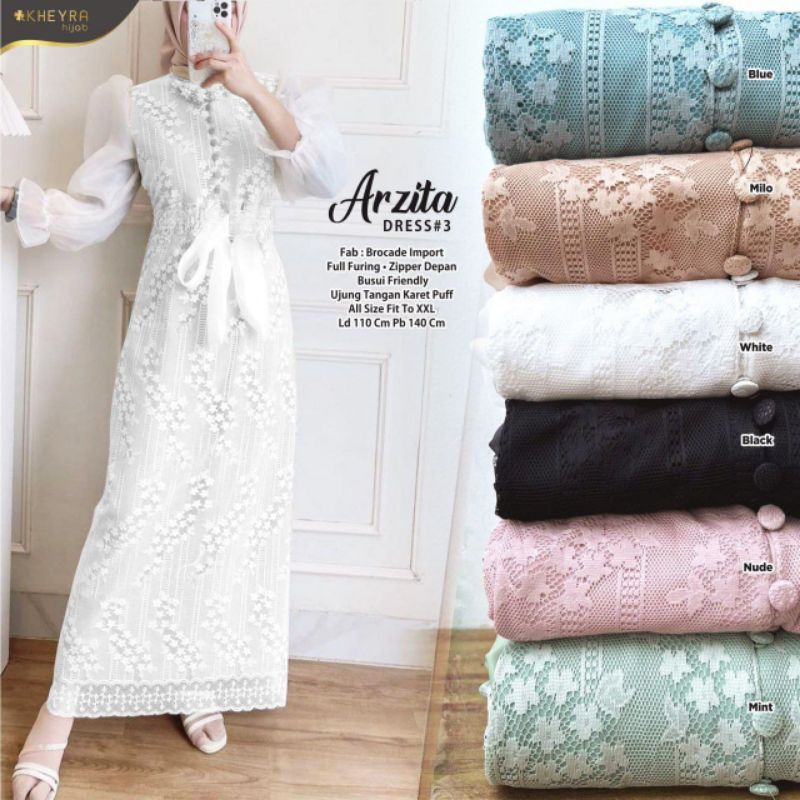 Arzita Dress lengan balon Brocade import kheyra