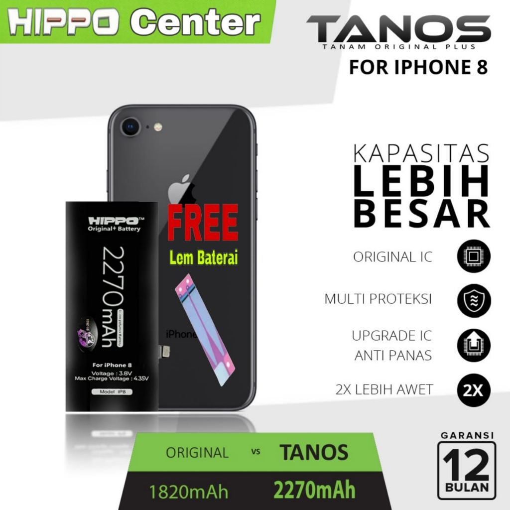 Hippo Baterai iPhone 8 Battery Hippo Tanos iPhone 8 Double Power Baterai