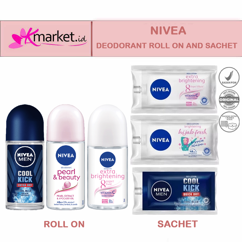 Nivea Deodorant Roll On dan Sachet | Pearl and Beauty | Extra Brightening | Men Cool Kick | Hijab Fresh