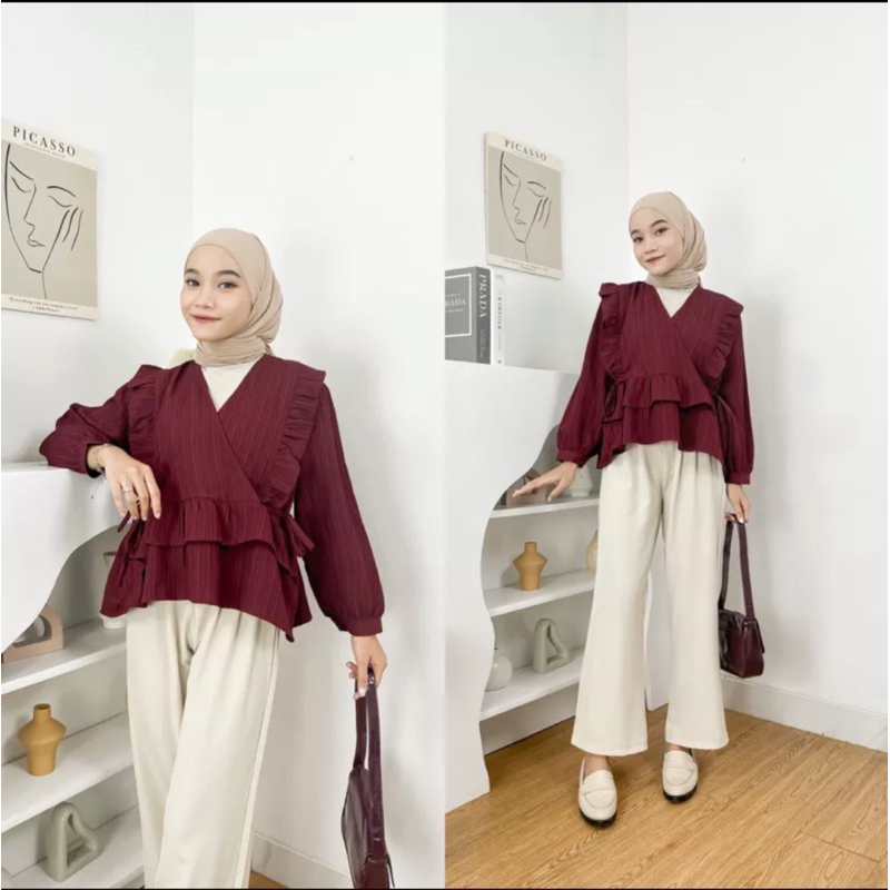 Sani Blouse Lady Crush Atasan Wanita Semi Outer Vneck  Style Korea Kekinian