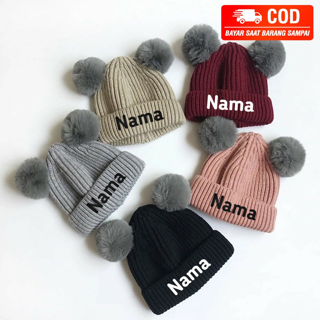 Topi Kupluk Pompom Bayi Bordir Nama 3 Bulan - 2 Tahun Kupluk Pompom Dua Warna Gratis Custom Nama