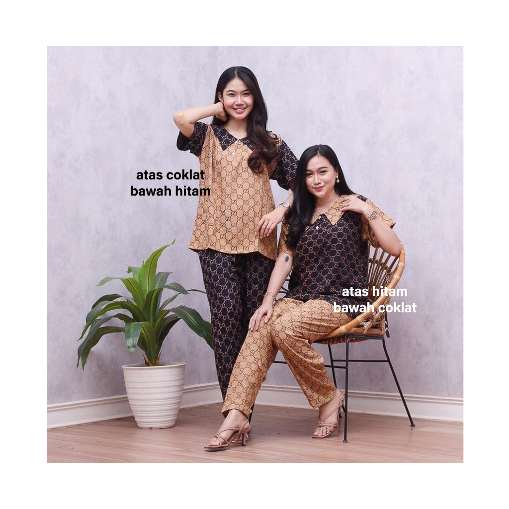 Setelan One Set Rayon Lengan Pendek Kekinian Terbaru Setelan Baju Dailyset Celana Wanita Motif Bolak