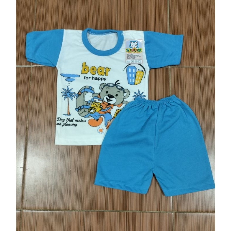 Setelan Baju Bayi Piyama Bayi Lengan Pendek Kancing Pundak Motif Bear Usia 0-12 Bulan