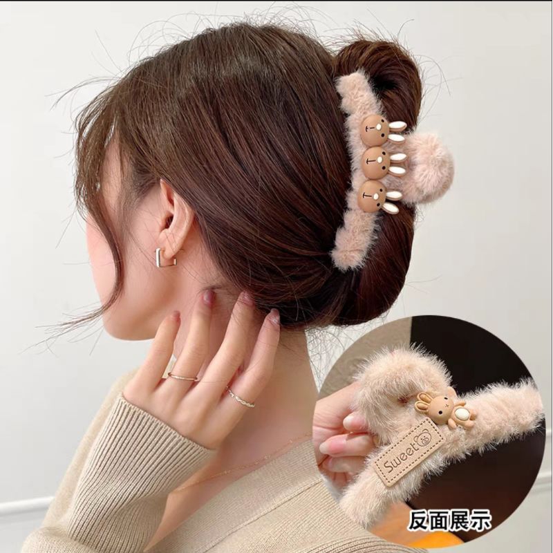 Jepit Rambut Bulu Boneka Korea 12cm Jedai Jumbo Model Bulu Halus Aksesoris Rambut Wanita Snail Rasfur Fluffy Faux Fur Hair Claw Clips