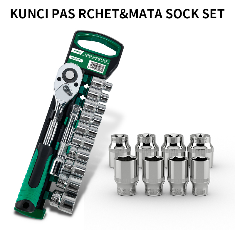 ISKU kunci sok socket set 12 pcs kunci pas ratchet 1/2 inch kunci toris extention bar wrench set bahan chrome vanadium 8-24mm mata sok