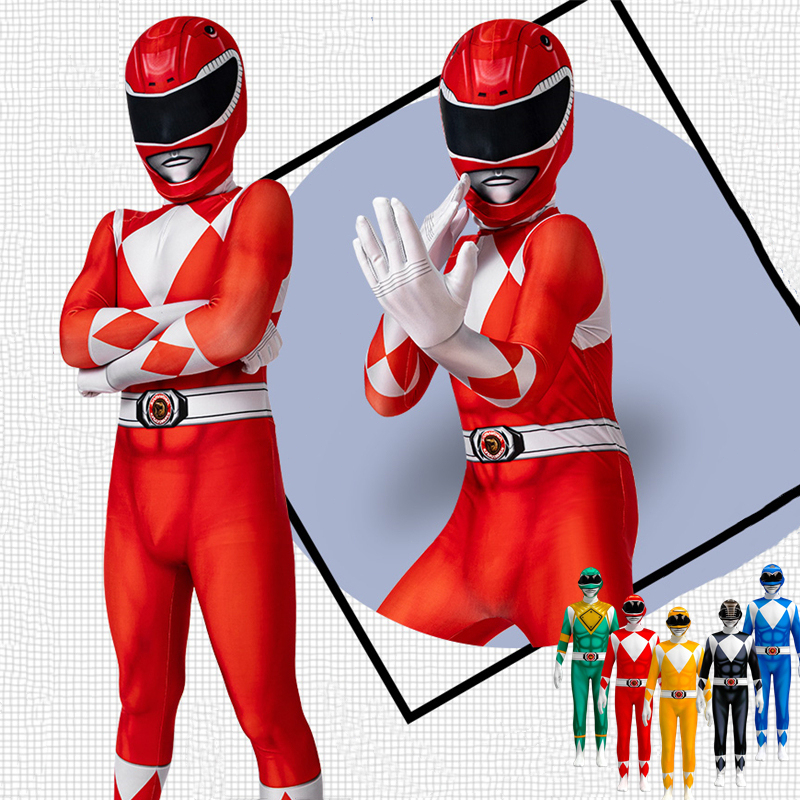 Anak -anak Perkasa Morphin Power Rangers Kostum Cosplay Gaun Pesta Mewah Superhero Jumpsuit