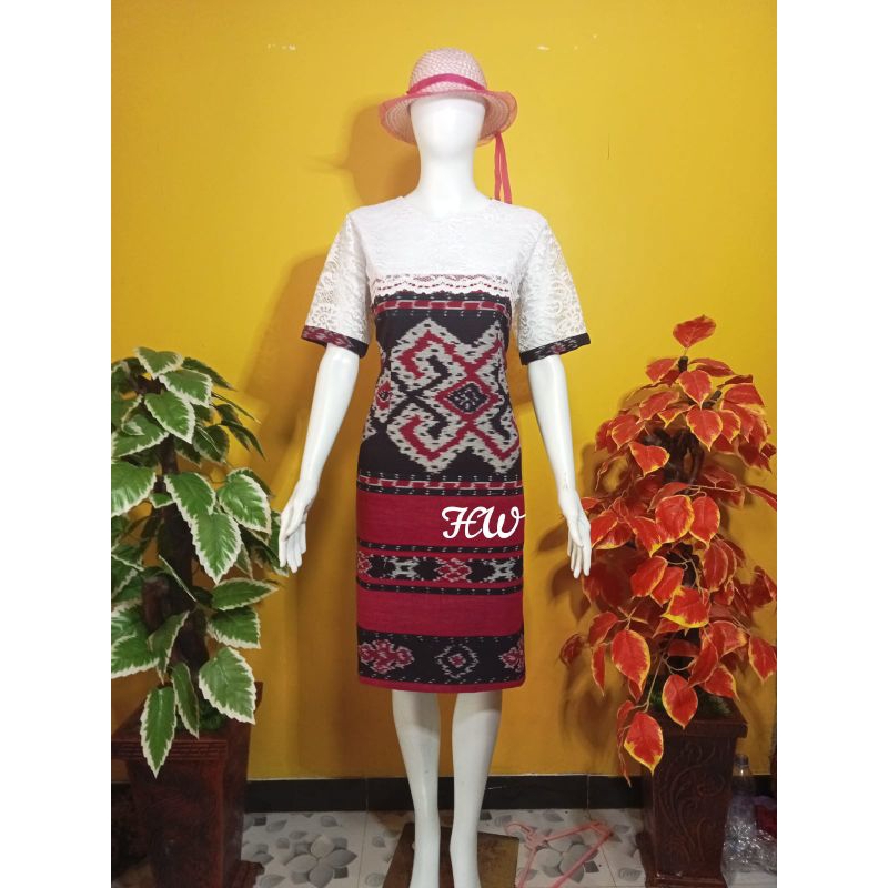 DRESS TENUN KOMBINASI BROKAT PUTIH