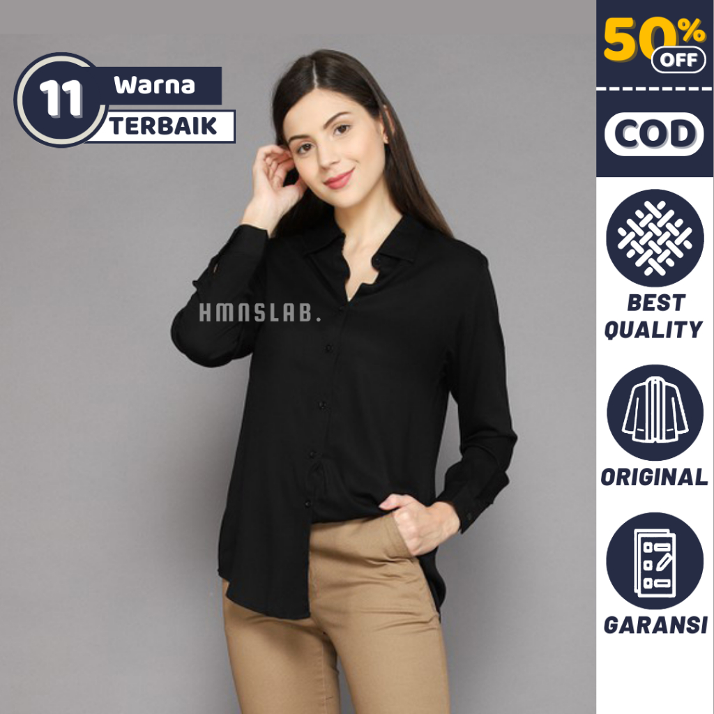 Kemeja Atasan Wanita Cewek Polos Panjang Hitam Putih Kekinian High Quality Original