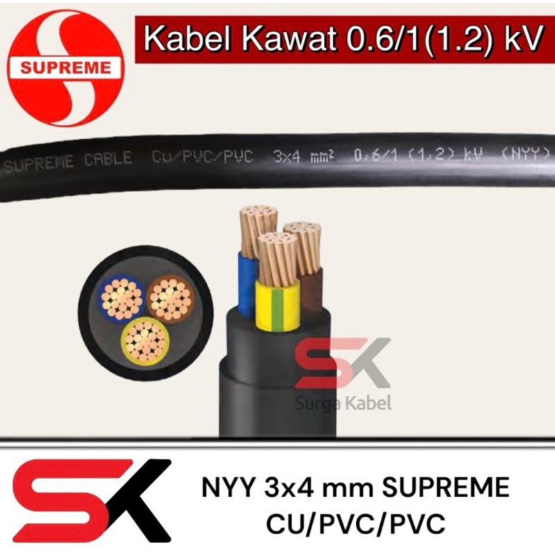NYY 3x4 mm SUPREME/ kabel tufur 3 x 4 mm/ kabel tunggal/ kabel kawat/ kabel listrik hitam NYY 3x4