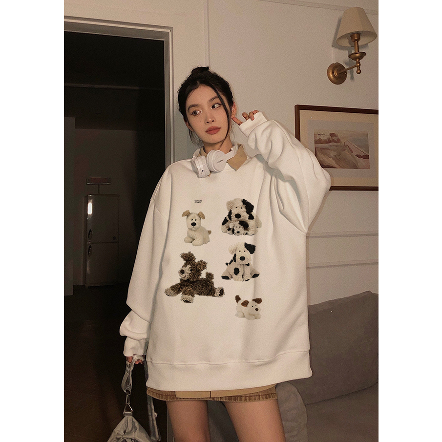 EUNII Sweater Lengan Panjang Cartoon Cow Dog Korean Style/Sweater Crop/Baju Wanita/Switer Wanita/Switer