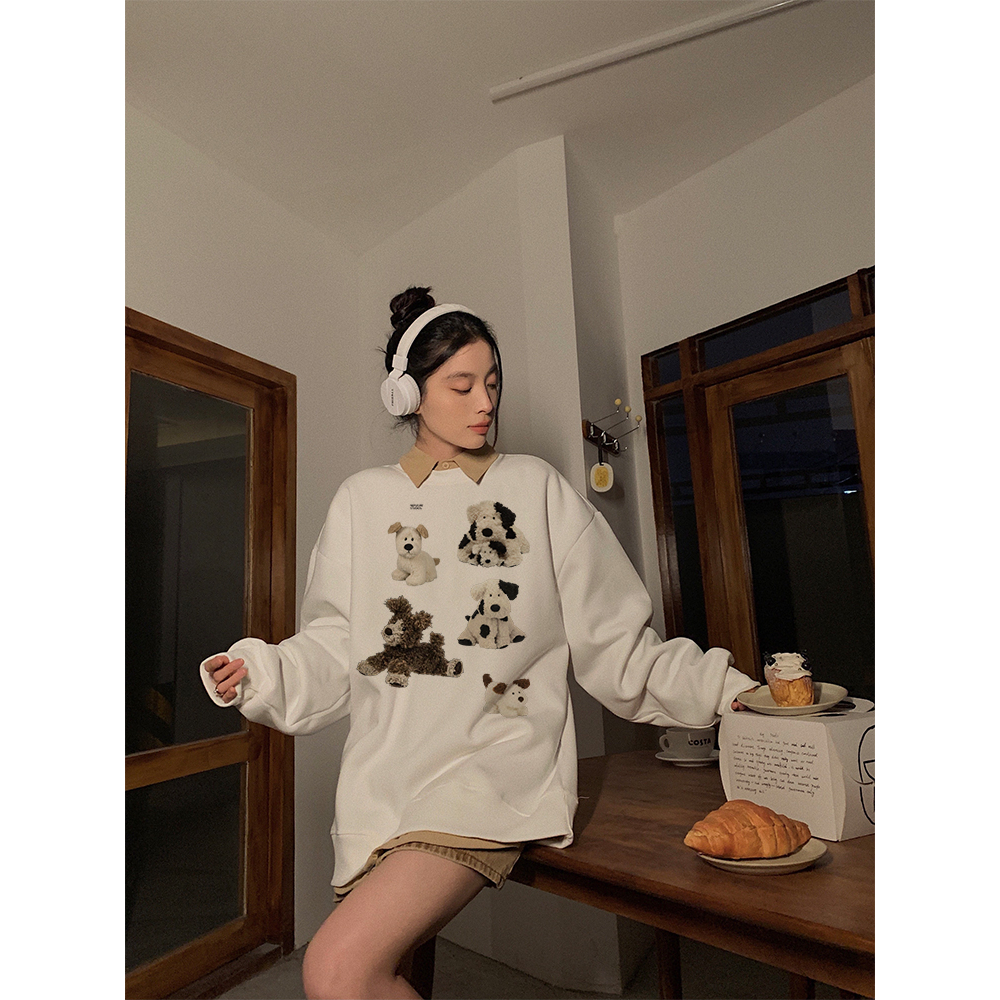 EUNII Sweater Lengan Panjang Cartoon Cow Dog Korean Style/Sweater Crop/Baju Wanita/Switer Wanita/Switer