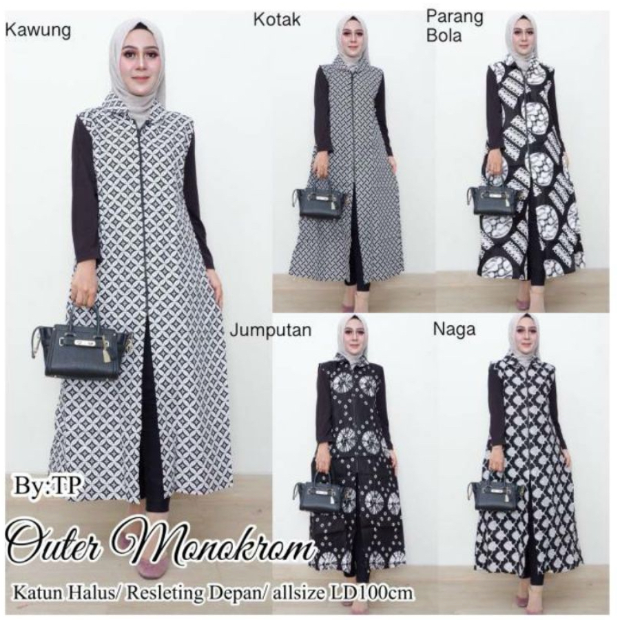 Batik Wanita Outer Monokrom Motif Hitam Exclusive Premium Kardigan Tanpa Lengan Zipper Depan Maxi Cardi