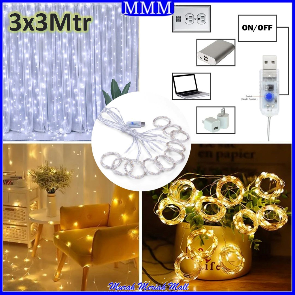 MMM Lampu Tumblr Tirai Led 3x3Mtr 300 LED Lampu Gorden 4Meter 96 LED Hiasan Lampu Tirai Kawat Tembaga Dekorasi Taman Cafe Wadding Pernikahan Murah Import