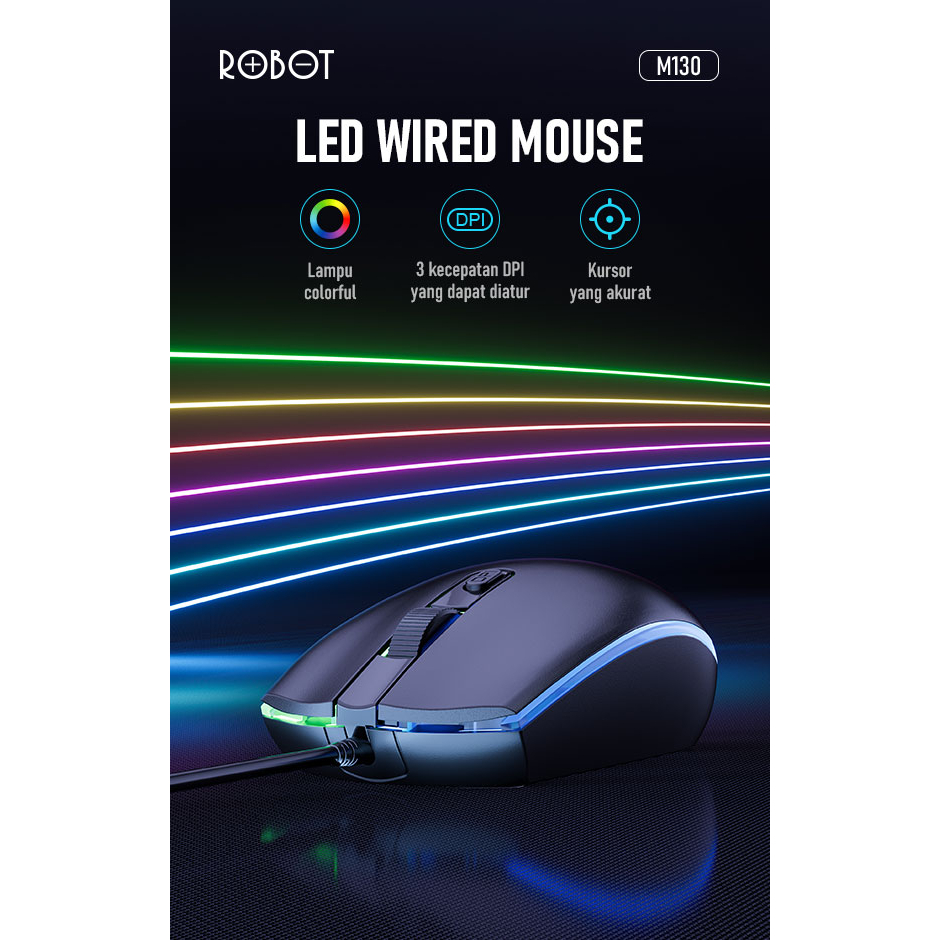 Robot M130 Colorful LED Wired Mouse Kabel Office Mouse 3 Kecepatan DPI