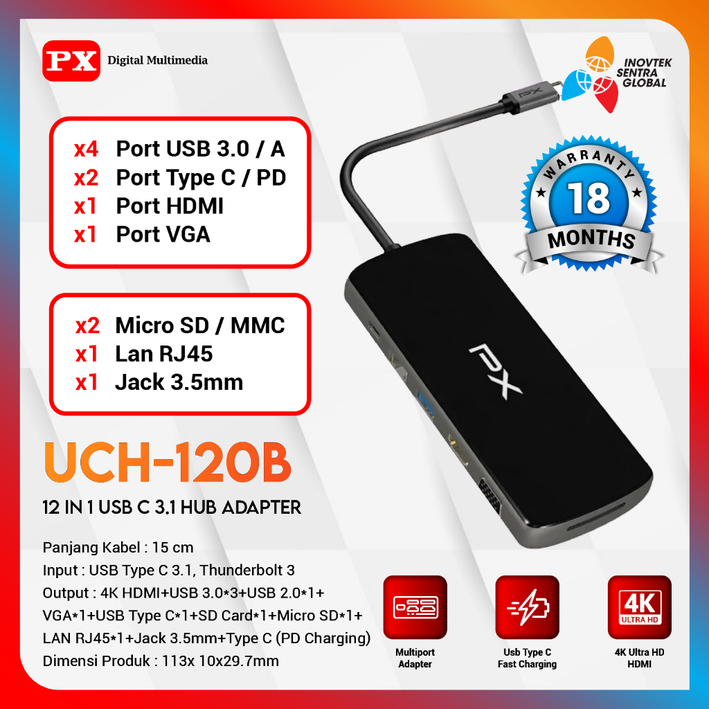 PX UCH120B Converter Hub 12in1 Type C to VGA LAN USB C