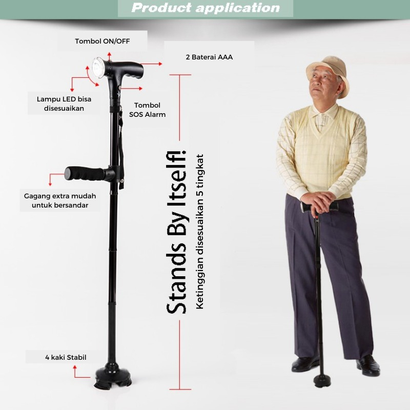 Twin Grip Cane -  Alat Bantu Jalan Tongkat Lipat dengan Lampu dan Alarm