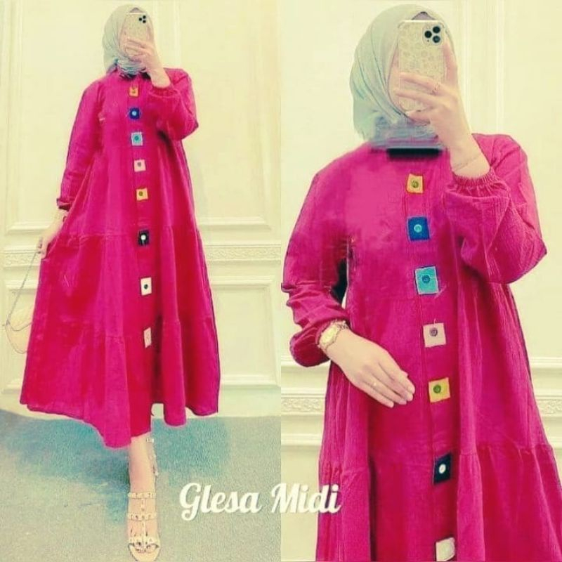 Glesa Midi Dress Crinkle Premium Kancing Wanita Dewasa Busui Friendly | Dress Muslim Jumbo Adem Lembut Dingin