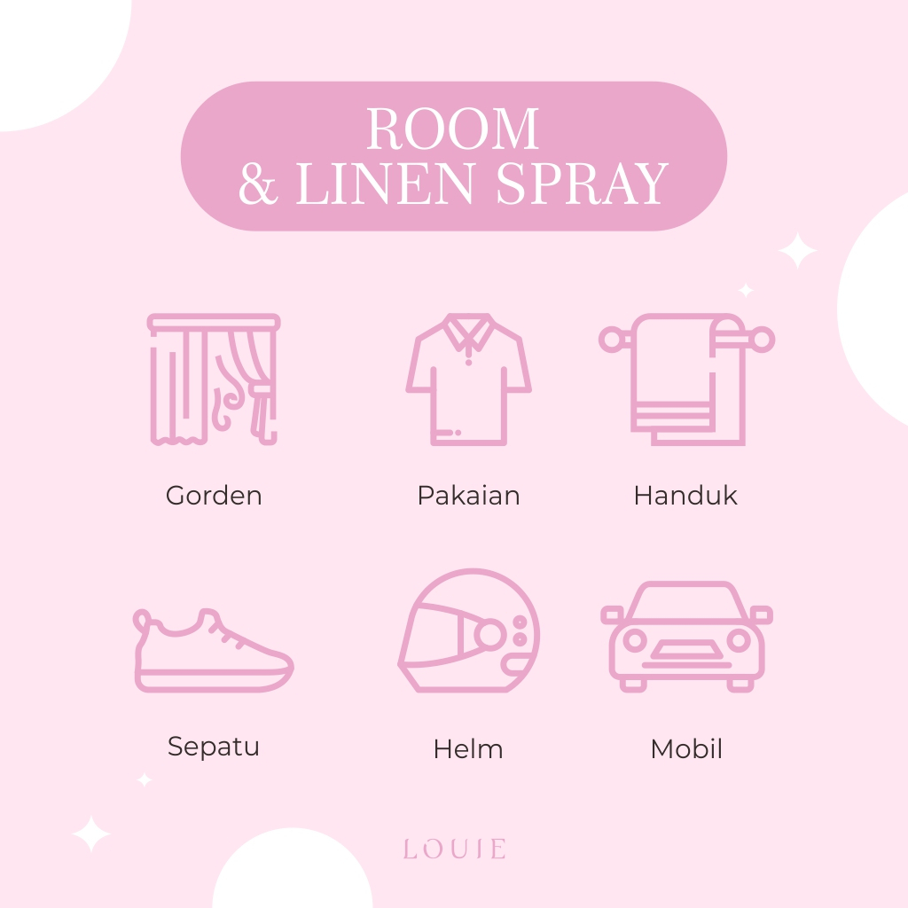 Louie Room and Linen Pillow Spray Air Freshener Pewangi Pengharum Parfum Multi All Purpose Cleaner Penghilang Bau Ruangan Kamar Tidur Kamar Mandi Toilet WC Closet Kloset Lemari Pakaian Baju Karpet Interior Mobil Kotoran Anjing Kucing Pesing Kencing 100ml