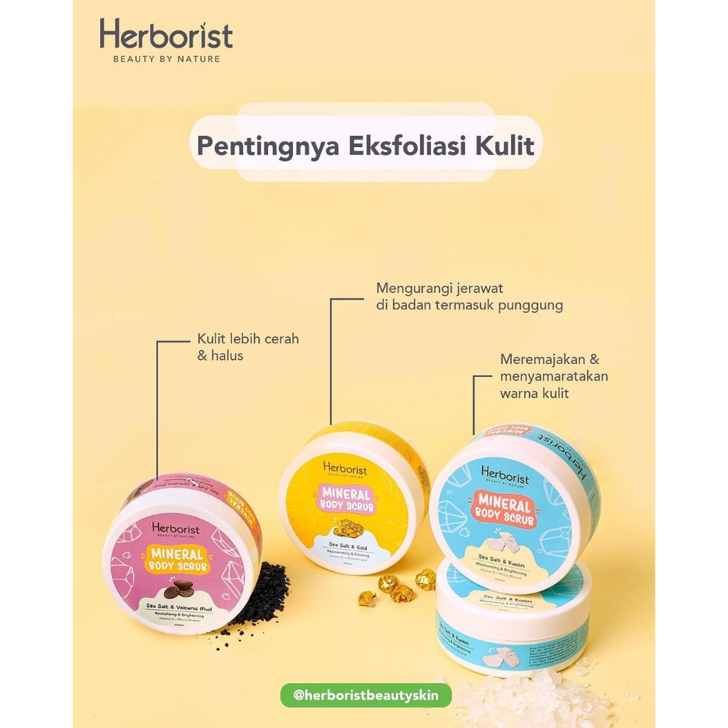 HERBORIST Mineral Body Scrub Indonesia / 100g 200g / Sea Salt Kaolin Volcanic Mud Gold / Moisturizing Revitalizing Rejuvenating Brightening Vit E &amp; C + Micro Mineral / Exfoliator Cleansing / Exfoliating Peeling / Skincare Body Care Gel Lotion Kulit Tubuh