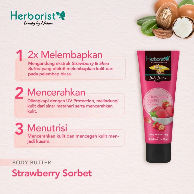 HERBORIST Body Butter Indonesia / 80g / With Shea Butter / Strawberry Sorbet Frangipani Chocolate Coconut Zaitun Matcha Milk Mango Banana / Deep Moisturizing Brightening Glowing Melembabkan Mencerahkan / Skincare Care Lotion Gel Scrub Peeling Kulit Tubuh