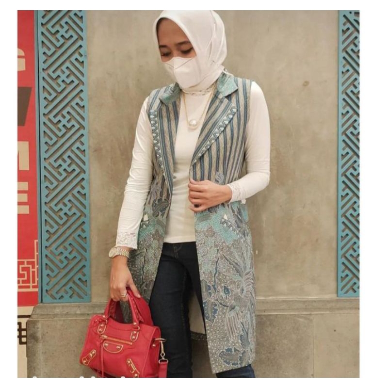 outer batik wanita modern solo tanpa lengan motif rumput bahan katun jahitan rapi size s-xxxl