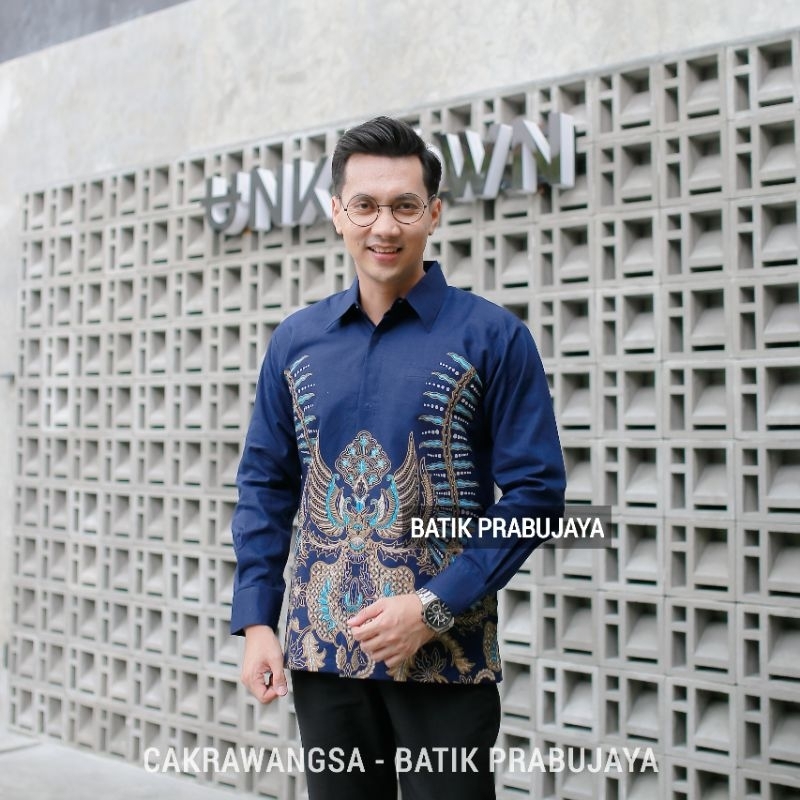 CAKRAWANGSA Kemeja Batik Pria Lengan Panjang Modern Premium Full Furing Katun Halus Biru Navy