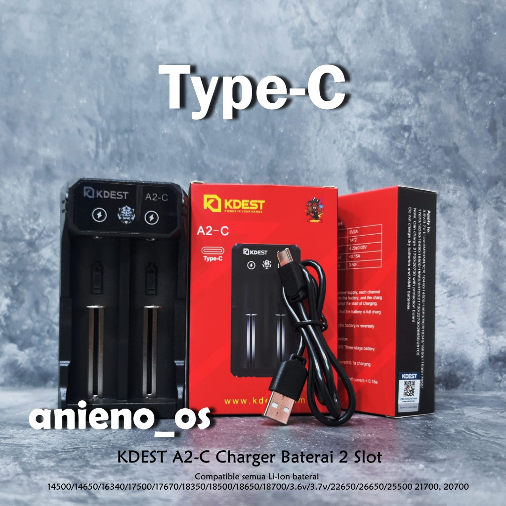 Promo Charger KDEST A2-C Type C ORIGINAL Fast Charger 18650 - 21700 Casan Batre 2 slot 2A - Battery