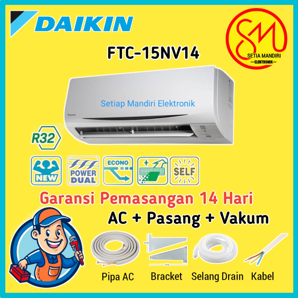 DAIKIN FTC15NV14 + PASANG AC Split 1/2 PK Super Mini Split Standard Thailand