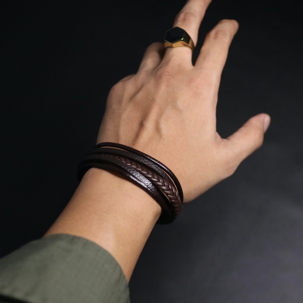 Coklat Anyam Gelang Kulit Pria Stainless Leather / Gelang Cowok Cowo / INTERNATIONAL QUALITY