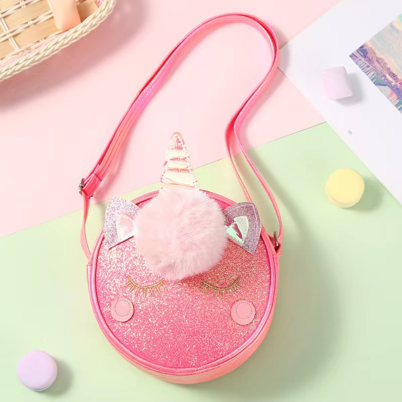 Unicorn Messenger Bag Unicorn Tas Bahu Glitter Kartun Lucu Dompet Koin Anak-anak Tas Travel Tas Penyimpanan Tas Bulat