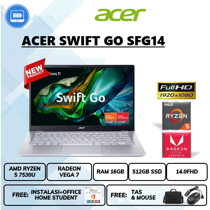 Laptop Acer swift go ryzen 5 7530u Ram 16gb SSD 512gb vega 7 14 Inch Fhd