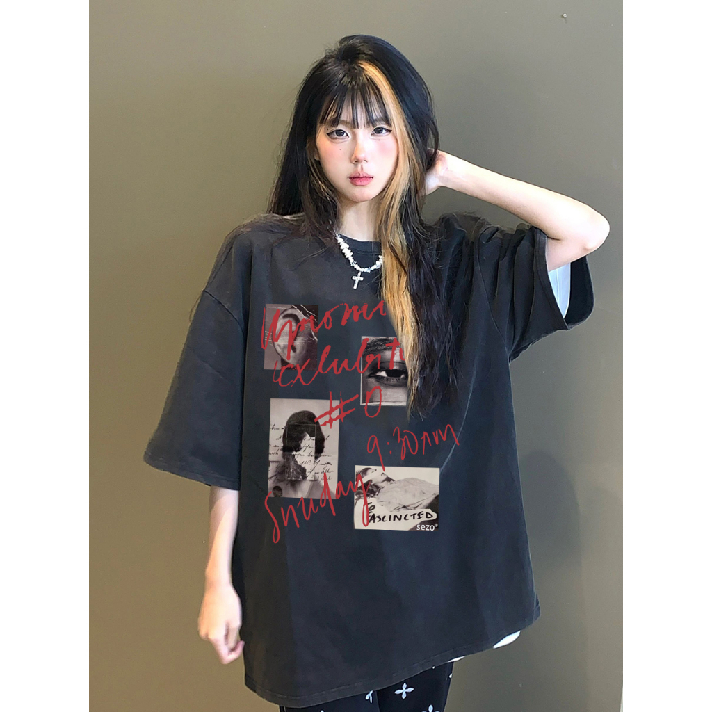 EUNII T-shirt Lengan Pendek Black Washed Vintage Postcard  Printing Korean Style/Kaos Atasan Wanita/Baju Wanita/Kaos Wanita