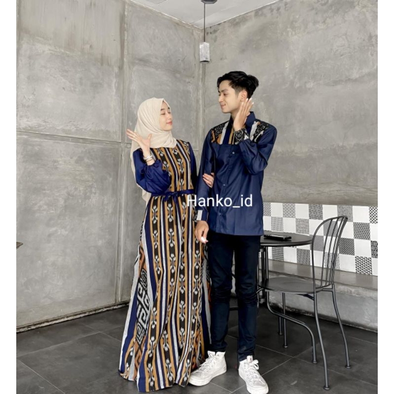 RAYA Navy couple tenun - gamis tenun couple