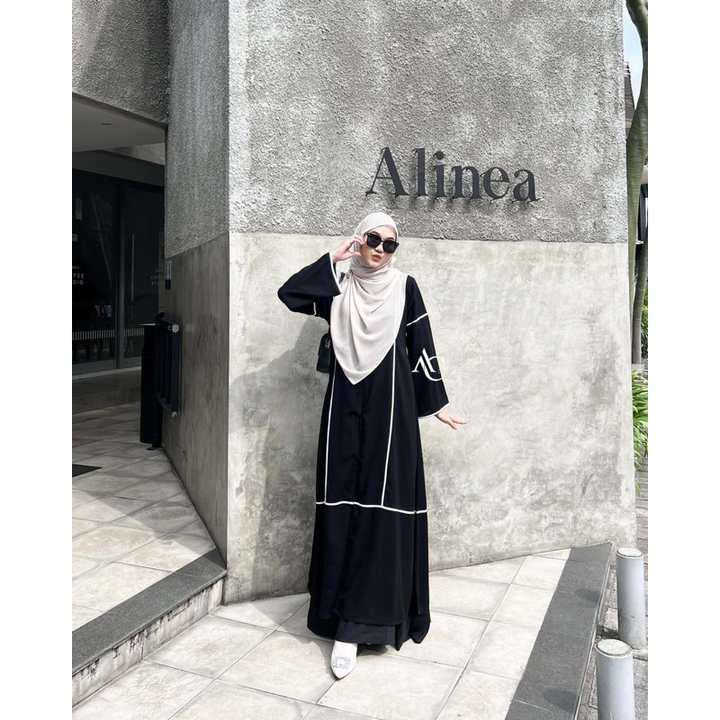 Abaya Hitam Turkey Saudi Outer Inner 2in1 Bahan Jetblack Kombinasi Wolfis List Putih 887